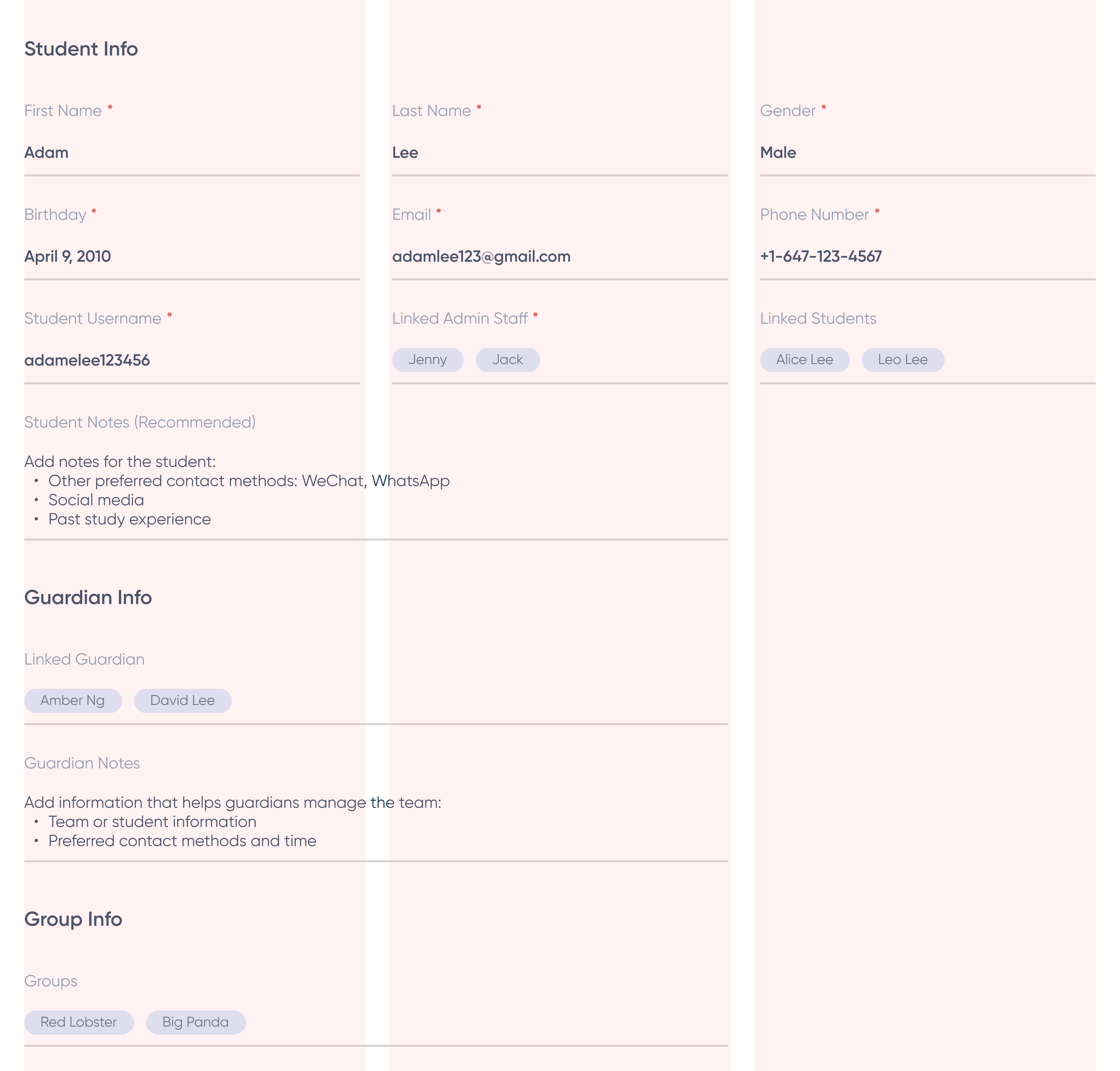 New student form — saved mode, condensed summary view